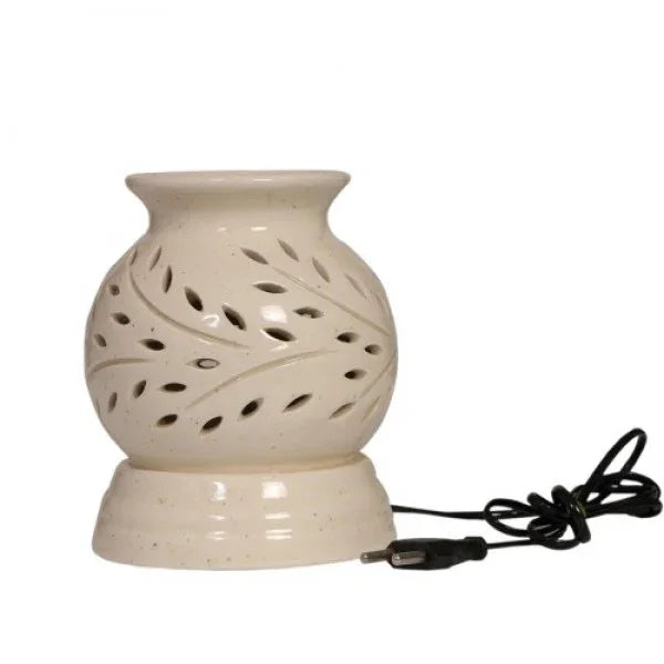 Ceramic electronic diffuser with leaf cutout design and attached electric cord