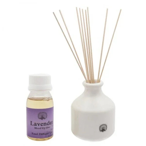Lavender reed diffuser set with aroma oil bottle and white ceramic vase with sticks