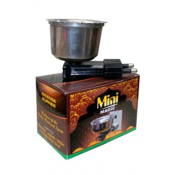 Mini Magic electric incense burner with stainless steel bowl on product box