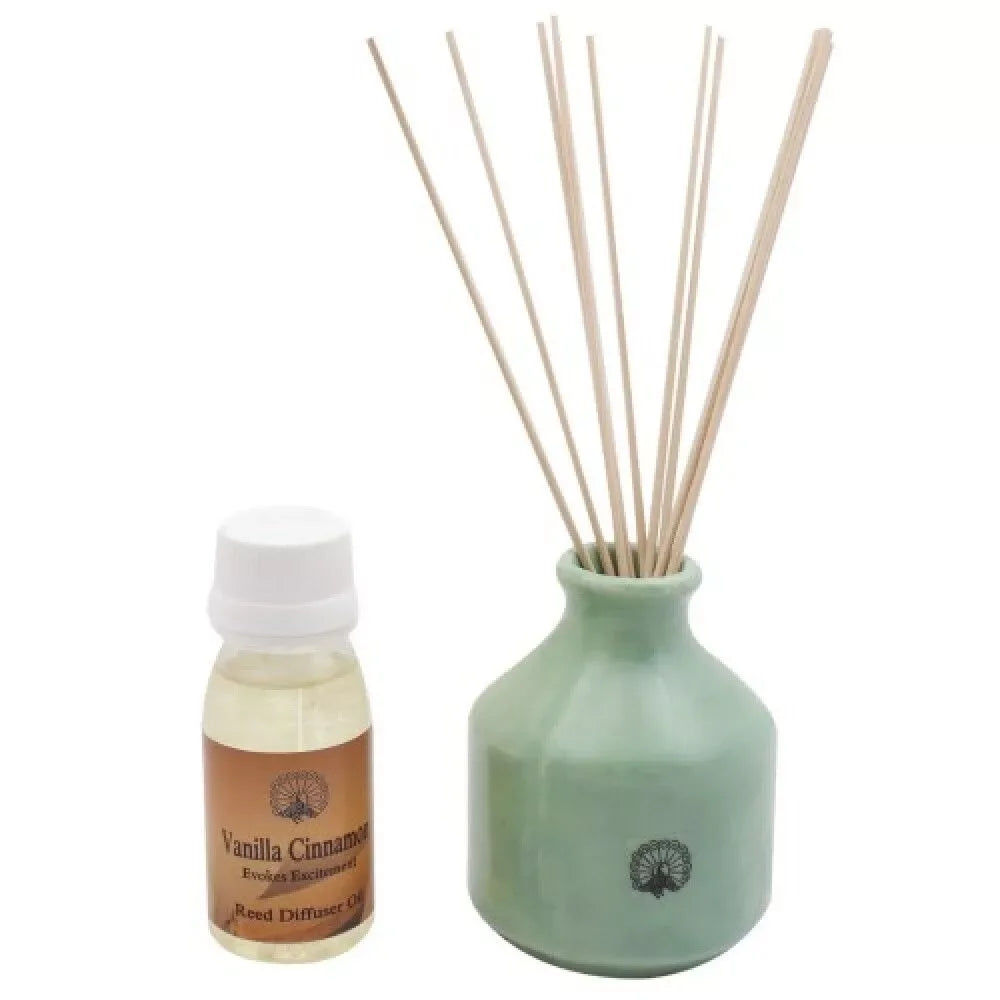 Vanilla Cinnamon reed diffuser oil bottle and green ceramic diffuser with reeds