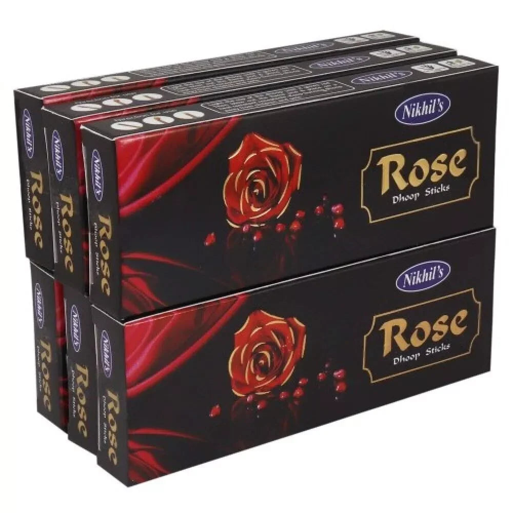 Boxes of Nikhil's Rose dhoop sticks with rose flower design on black packaging